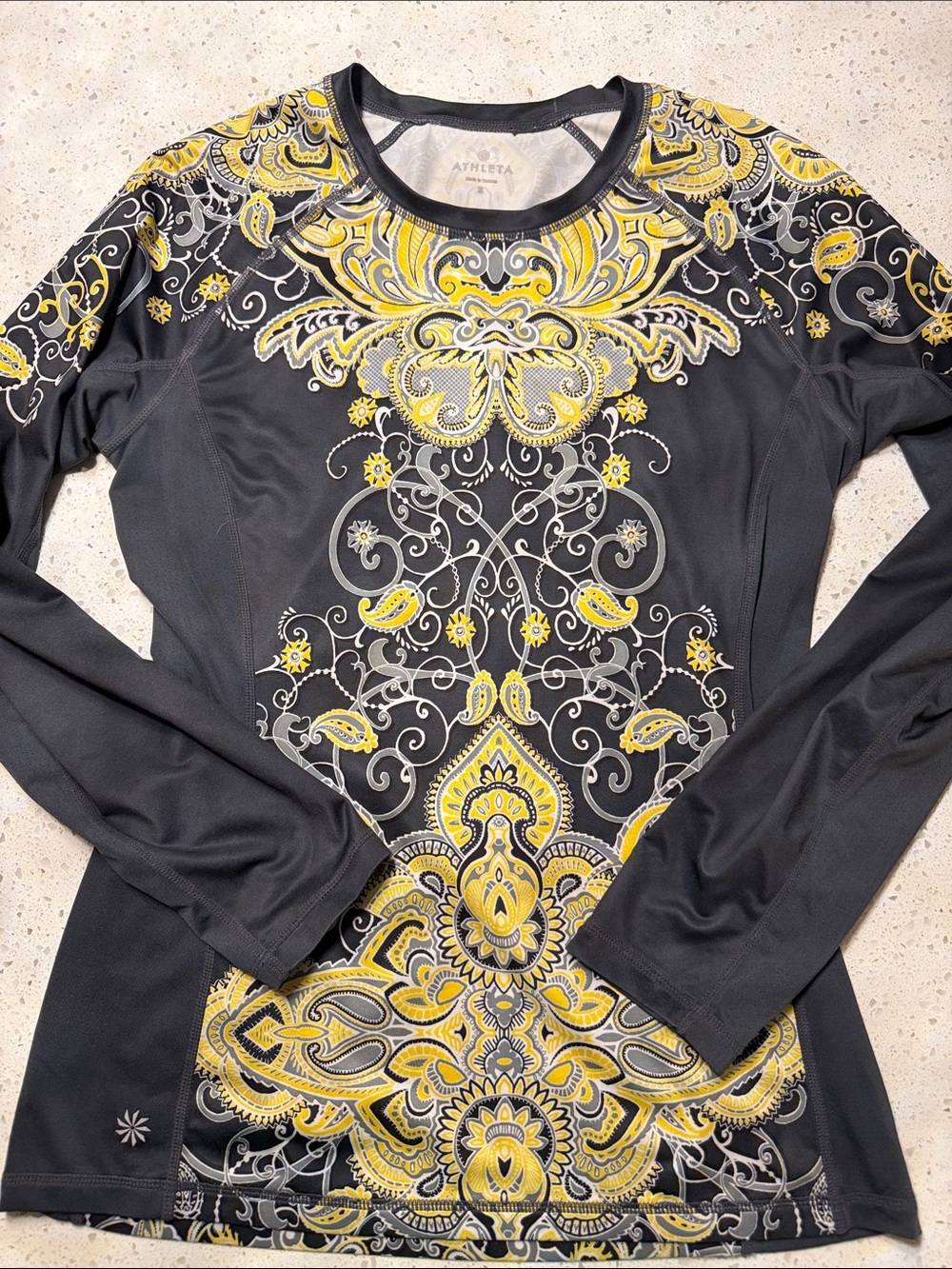 Athleta Black Long-Sleeve Performance Top with Yellow & Gray Motif